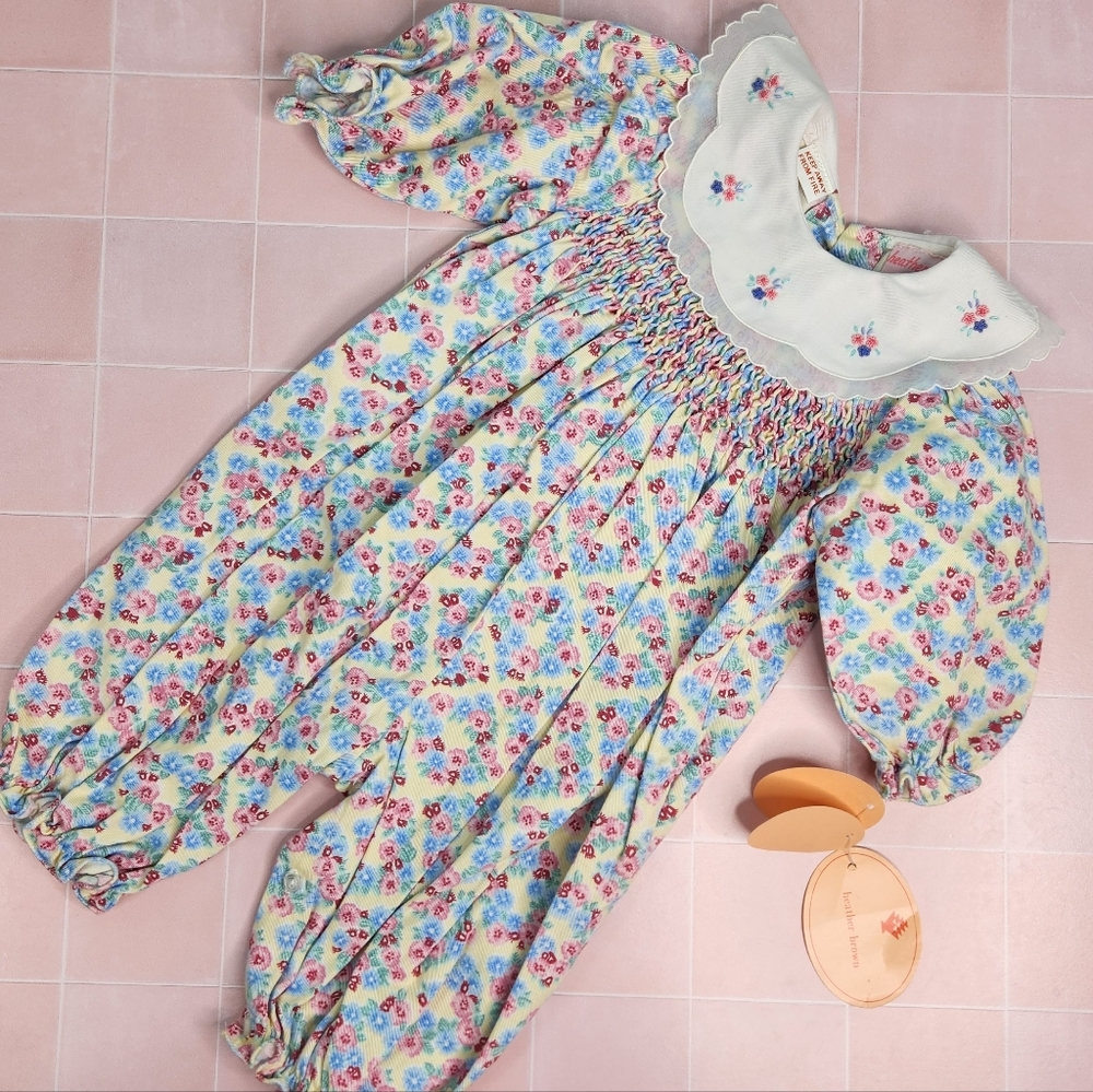 Heather Brown Floral Smocked Long-Sleeve with Peter Pan Collar